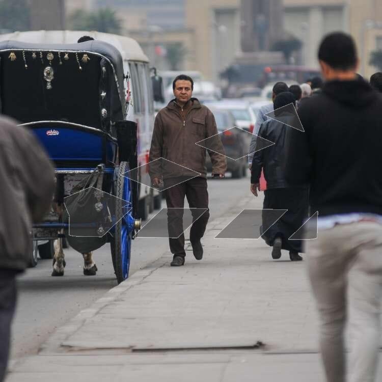 A street scene in Cairo, Egypt, showing a traditional horse-drawn carriage (hantour)