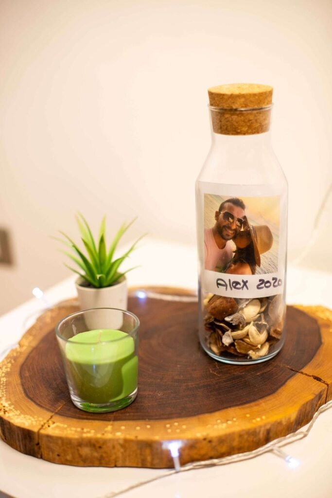 A handmade bottle with a family photo inside