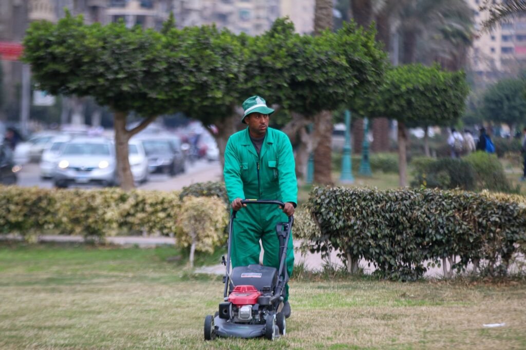 Man mowing grass in a Cairo park