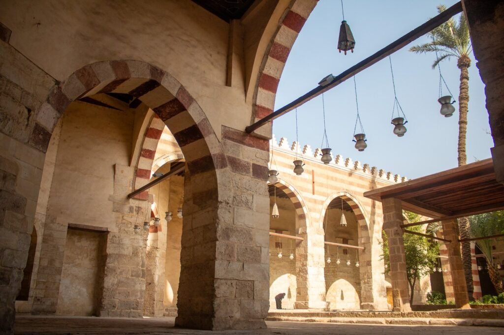 
									Wide Interior View of the Blue Mosque in Cairo with a Man Praying